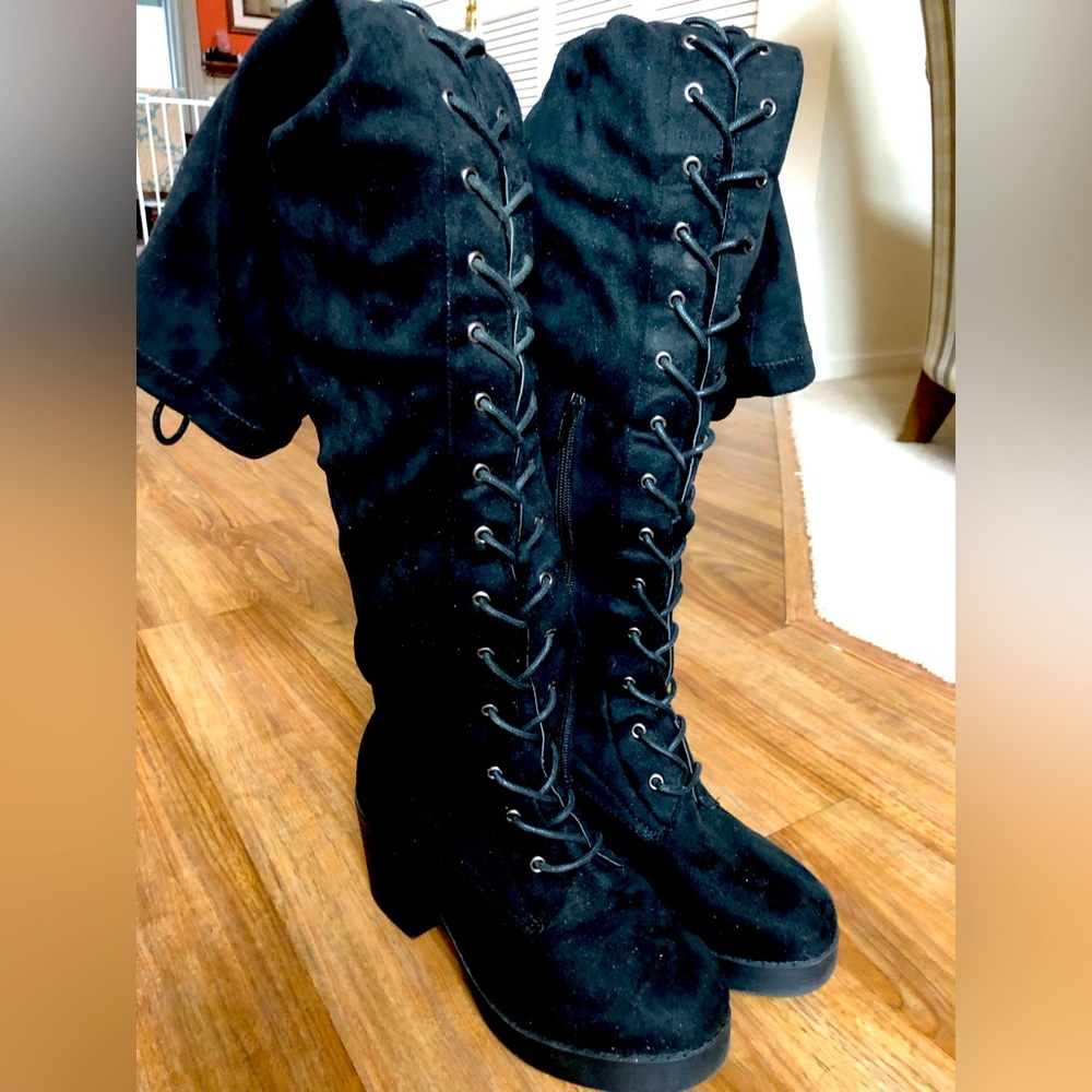 Thigh high lace up Black velvet suede  boots. Technically size 5, fit like 6.5